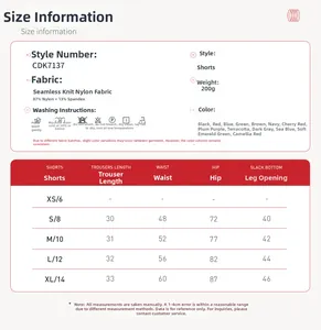 Size chart for seamless high waisted yoga shorts with fabric details and dimensions