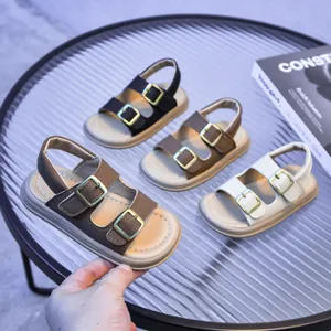 Detail view of toddler vintage leather sandals with adjustable buckles and thick non-slip soles