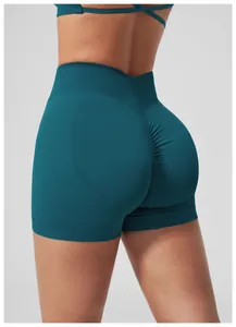 Vue détaillée du short de yoga sans couture taille haute avec effet push-up en bleu sarcelle
