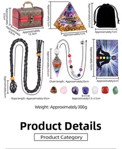 Detailed view of the 7 chakra healing crystal kit including wooden box and pyramid