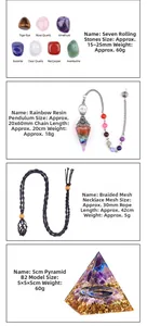 Detail of healing crystal set including tumbled stones, pendulum, necklace, and pyramid