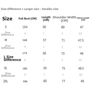Detailed size chart for women's bomber jacket showing S to 2XL measurements in CM