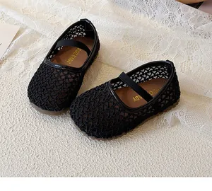Detailed macro view of black breathable mesh children's shoes with elastic straps