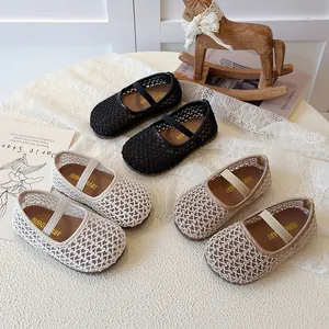 Girls Woven Mary Jane Shoes Breathable Hollow Out Round Toe Flat Shoes With Elastic Strap For Toddler Kids Casual Princess Shoes