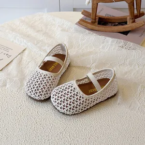 White woven baby Mary Jane shoes with elastic strap and non-slip rubber sole