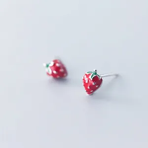 925 Sterling Silver Strawberry Stud Earrings Red Enamel Fruit Ear Jewelry For Women Girls Cute Pastoral Style Small Earrings