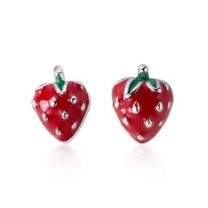 Cute S925 silver strawberry stud earrings with red enamel and green leaves on white background