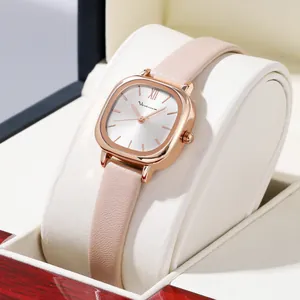Damen Mode Quadratisch Quarzuhr Roségold Legierung Gehäuse PU Leder Armband Minimalistisch Römische Ziffern Sonnenstrahl Zifferblatt Elegante Armbanduhr