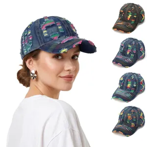 Distressed Denim Baseball Cap Ripped Colorful Stitching Retro Streetwear Adjustable Sun Protection Outdoor Hat For Men Women