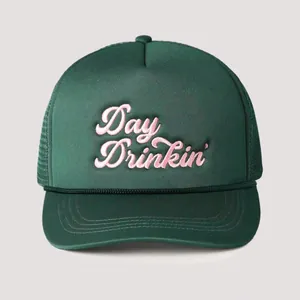 Dark green mesh trucker hat with pink Day Drinkin' embroidery and decorative front rope