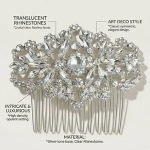 Detailed view of silver hair comb with Art Deco crystal pattern and luxury rhinestones
