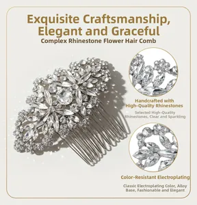 Detailed macro of crystal rhinestone flower hair comb with alloy base and silver plating