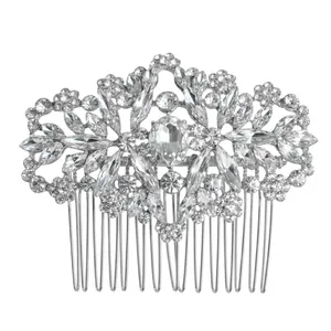 Luxurious silver bridal hair comb with elegant crystal floral patterns and rhinestones