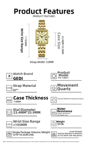 Detailed specs of the vintage square gold stainless steel watch with quartz movement