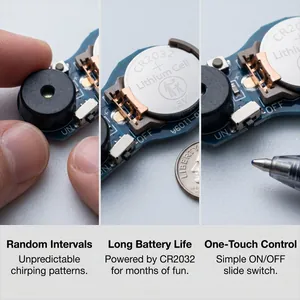 Macro detail of cricket sound prank device showing CR2032 battery and PCB components