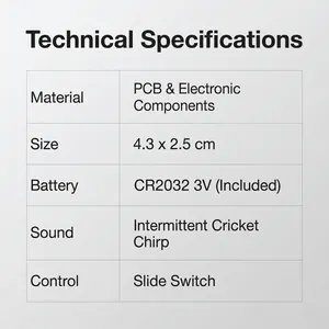 Technical specifications showing the PCB components and size of the cricket noise maker