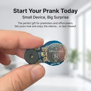 Close-up of mini prank noise maker with CR2032 battery and blue circuit board