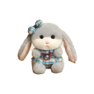 Gray and white plush bunny toy with blue checkered dress and cute floppy ears