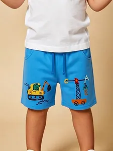 Pantaloncini in Maglia di Cotone da Ragazzo Ricamo a Cartone Animato Escavatore Gru Estate Vita Elastica Pantaloni Sportivi