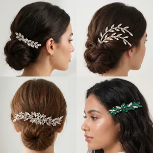 Detailed side and back view of elegant crystal leaf hair combs in various colors and styles