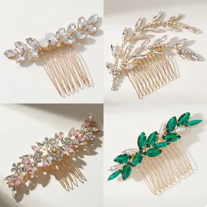 Detail shot of four luxury bridal hair combs featuring crystal rhinestones and opal leaves