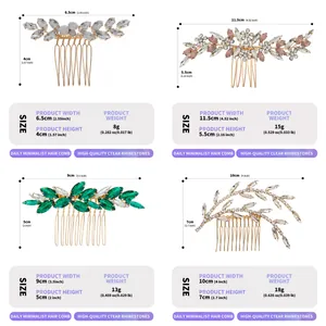 Size guide for four crystal bridal hair combs showing dimensions and weights in detail
