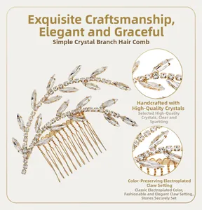 Macro details of rhinestone leaf hair comb with color-preserving electroplating