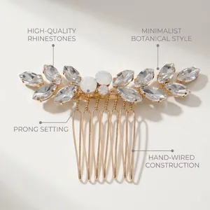 Detailed view of hand-wired leaf hair comb with crystals and prong-set rhinestones