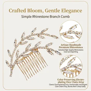 Elegant gold leaf bridal hair comb with sparkly rhinestones and color-retaining plating