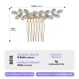 Elegant gold leaf bridal hair comb with crystals and white beads measuring 6.5cm by 4cm
