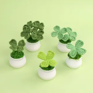 Handmade Crochet Four-Leaf Clover Potted Plant Artificial Greenery Home Office Desk Decor Car Ornament Healing Gift