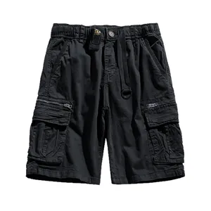 Men's black cargo shorts with tactical pockets, drawstring waist, and durable cotton fabric