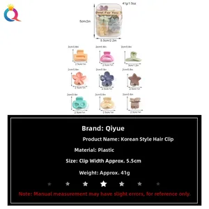 Detailed view of mini claw clips set in various shapes with precise size dimensions