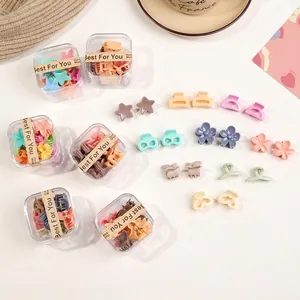 Macro view of assorted Morandi color mini hair claws in a transparent gift box