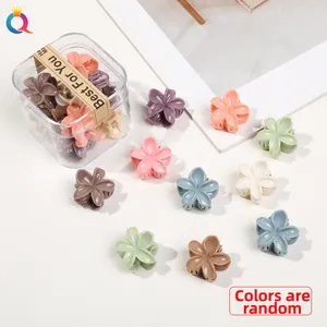 Macro detail of colorful flower hair clips in a transparent square storage gift box