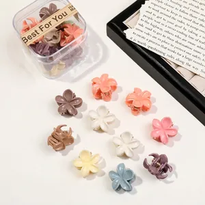 Detail of colorful flower hair claws in a transparent box with random colors