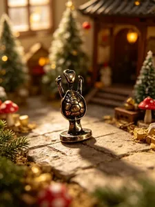 Macro shot of handcrafted brass turtle figurine with detailed texture on a warm pedestal