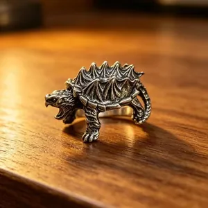 Macro shot of gothic alligator snapping turtle ring with intricate shell spikes and details