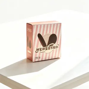 Detailed view of two professional teardrop makeup sponges in pink striped box