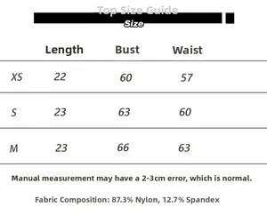 Size chart for halter V-neck top with fabric details of nylon and spandex blend