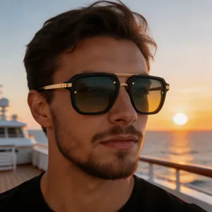 Detail of square frame sunglasses with golden double bridge on a yacht at sunset