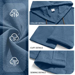Detail view of cotton texture, collar and cuffs on a blue hooded casual shirt