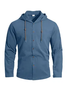 Detail view of cotton casual hooded shirt with buttons and adjustable drawstring