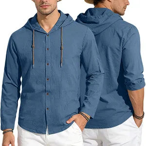 Front and back view of a men's navy blue cotton hooded shirt with drawstring and buttons