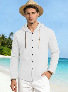 Close-up of a white cotton hooded shirt with brown drawstrings for casual beach wear