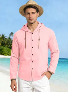 Detail of light pink men's hooded cotton shirt featuring breathable texture and drawstring
