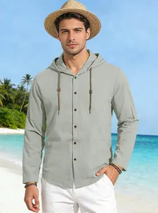Men's light gray hooded cotton shirt detail for casual beach resort wear style