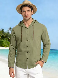 Close-up of olive green linen texture on a men's hooded casual beach shirt