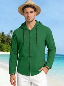 Close-up of men's dark green hooded cotton shirt showing button placket and fabric texture
