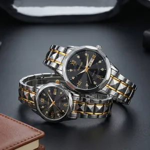 Luxe dual-calendar couple watches with black dial and two-tone gold steel strap